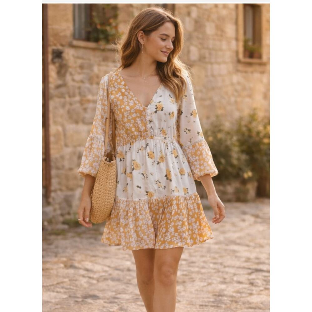 River Island Mixed Print Floral Mini Dress Cottagecore Boho Size 8